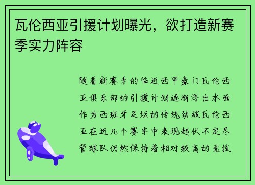 瓦伦西亚引援计划曝光，欲打造新赛季实力阵容