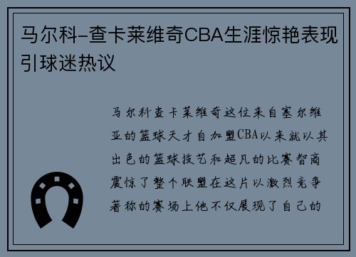 马尔科-查卡莱维奇CBA生涯惊艳表现引球迷热议